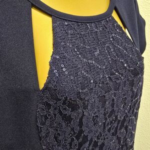 Cocktail Date Dress Womens 8 Sequin Lace Cut Out Short Sleeve Navy Blue Guest